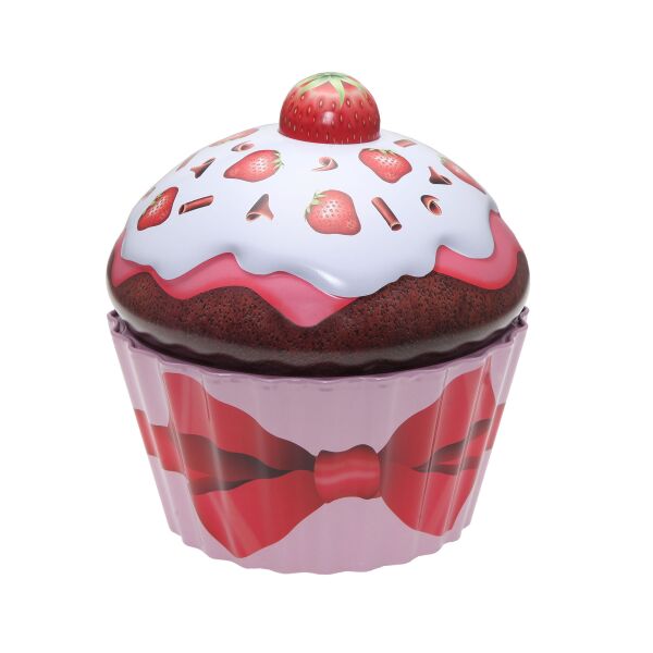 XL-Cup Cake Dose mit Erdbeeren, Blechdose lebensmittelecht 17 x 16 cm mit POWERHAUS24 Backrezept