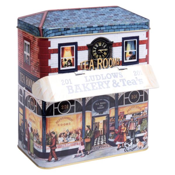 Nostalgische XL-Blechdose "Ludlows Bäckerei & Teeladen", Aufbewahrung für Kaffeebohnen, Nudeln & Cookies, lebensmittelecht, 18 cm x 19,5 cm x 10 cm