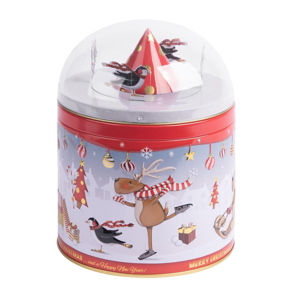 Blechdose & Spieluhr mit Rentier & Pinguin beim Schl