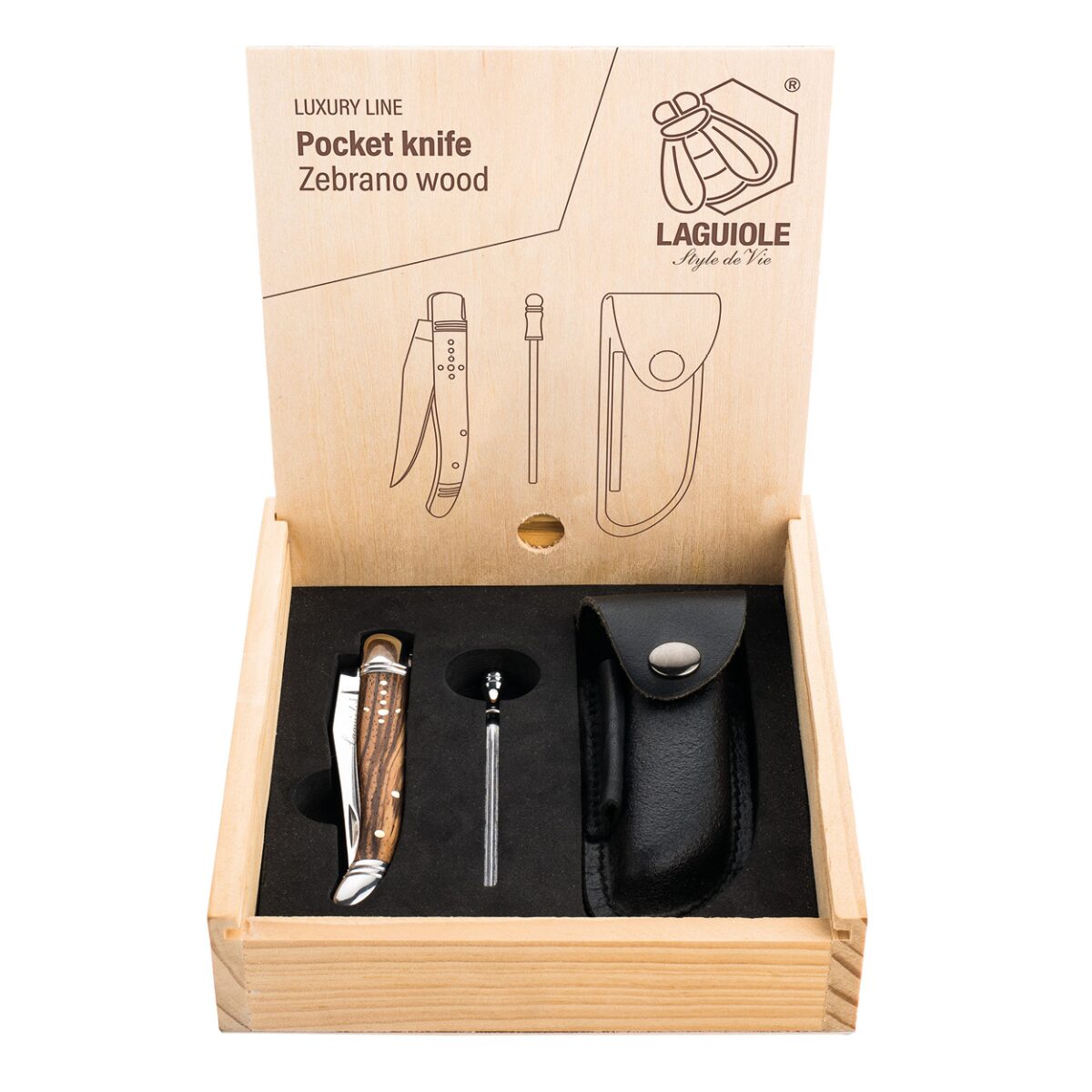Laguiole Luxury Line Taschenmesser Zebranoholz mit Ledertasc