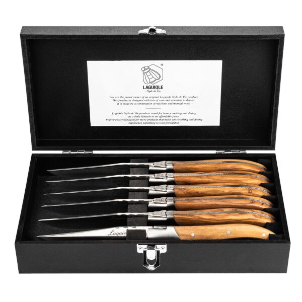 Laguiole Luxury Line 6 Steakmesser Olivenholz mit Aufbewahrungs- / Geschenkbox