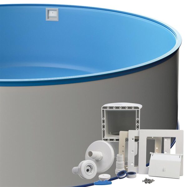 Runder Stahlwandpool-Set Ø 3,50 x 1,35 m, inkl. Bodenschienen & Handlauf, Einbauskimmer-Set, Innenhülle in Blau